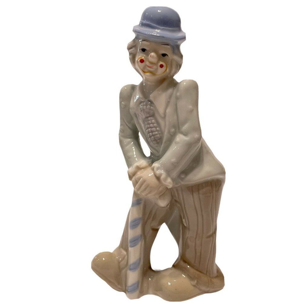 Vintage Ceramic Happy Face Clown With Cane And Blue Hat 6.5" Figurine Circus